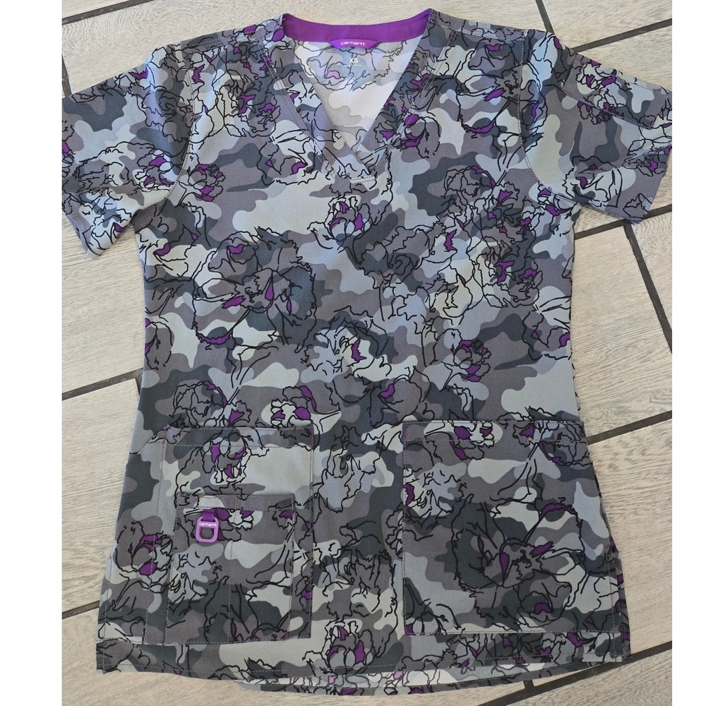 Carhartt Womens Scrub Top XS Camo Floral V-Neck Grey Purple Workwear Pocket